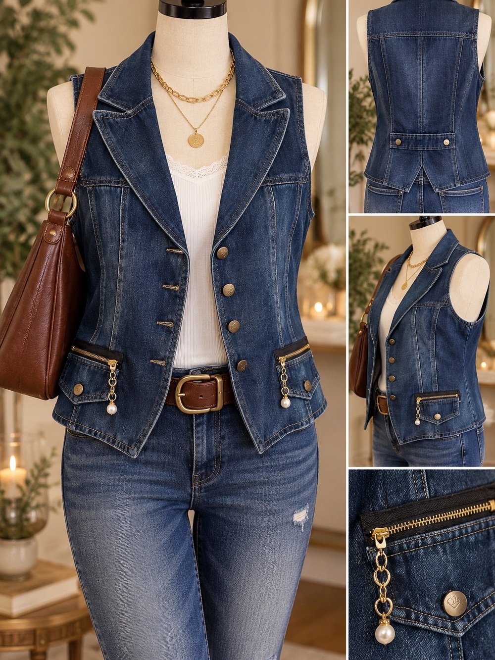NSF Jeans Reworked Denim Vest | Tailored Utility | Pearl Charm Pockets